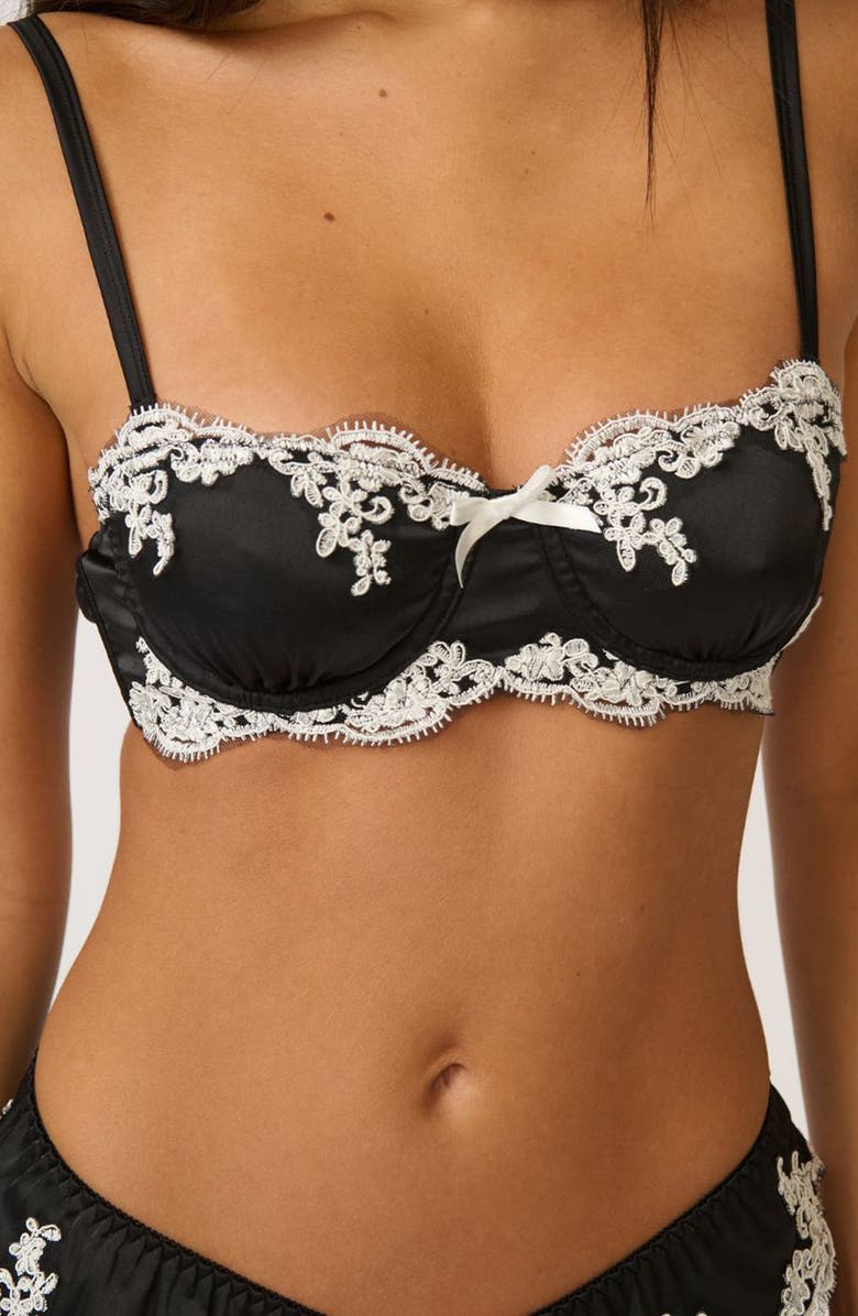 Kat The Label Cinderella Lace Trim Underwire Strapless Satin Bra, Main, color, 