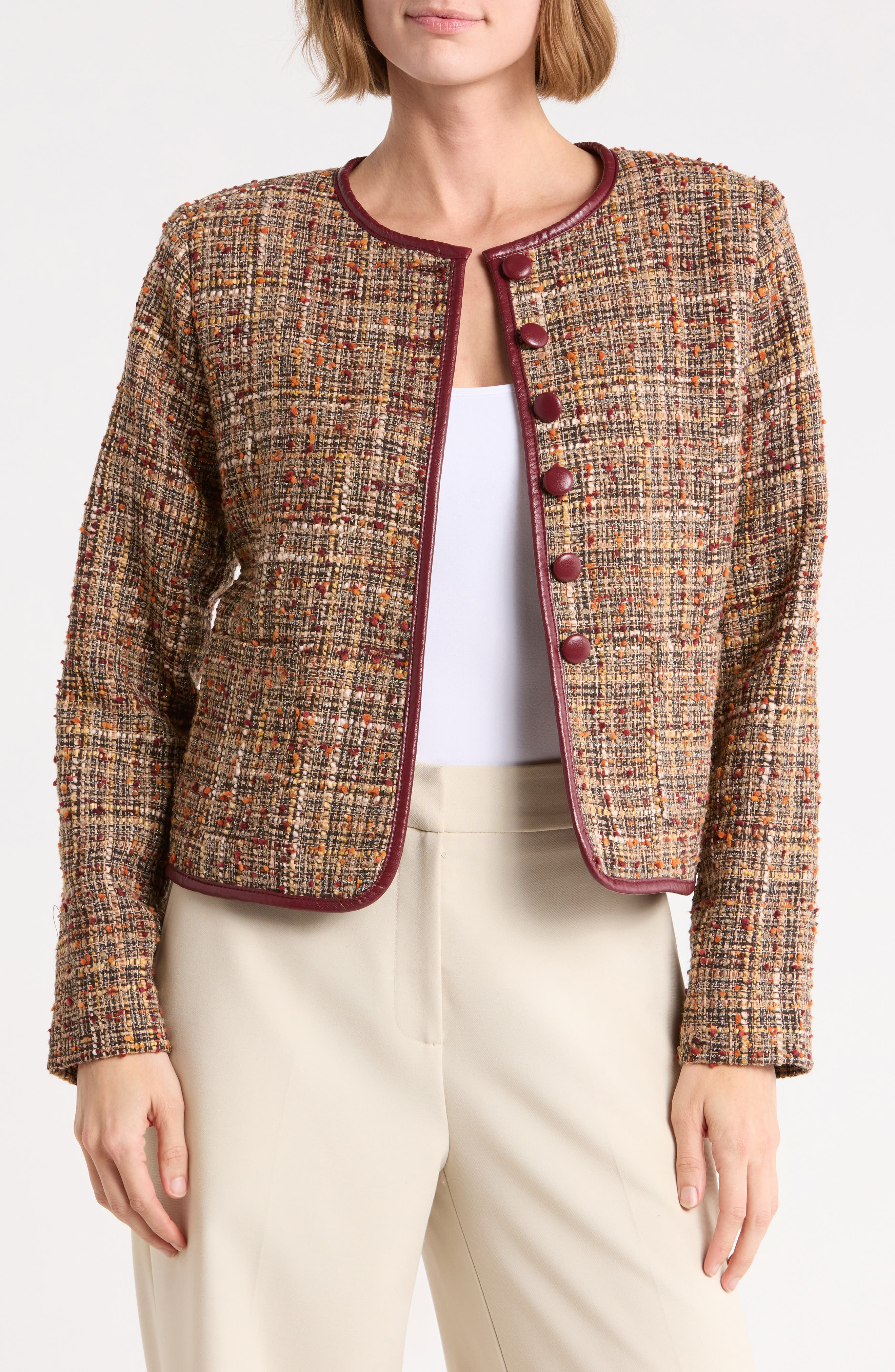 Tweed Crop Jacket with Faux Leather Trim