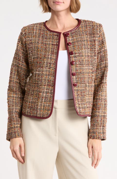 Tweed Crop Jacket with Faux Leather Trim