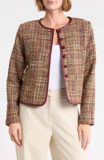 Tweed Crop Jacket with Faux Leather Trim