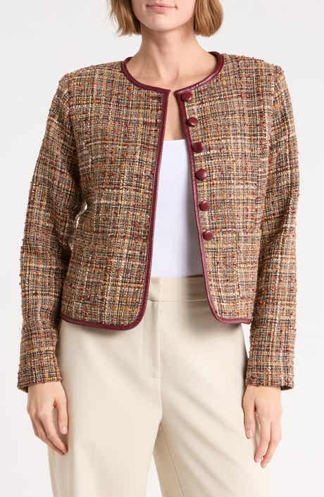Tweed Crop Jacket with Faux Leather Trim