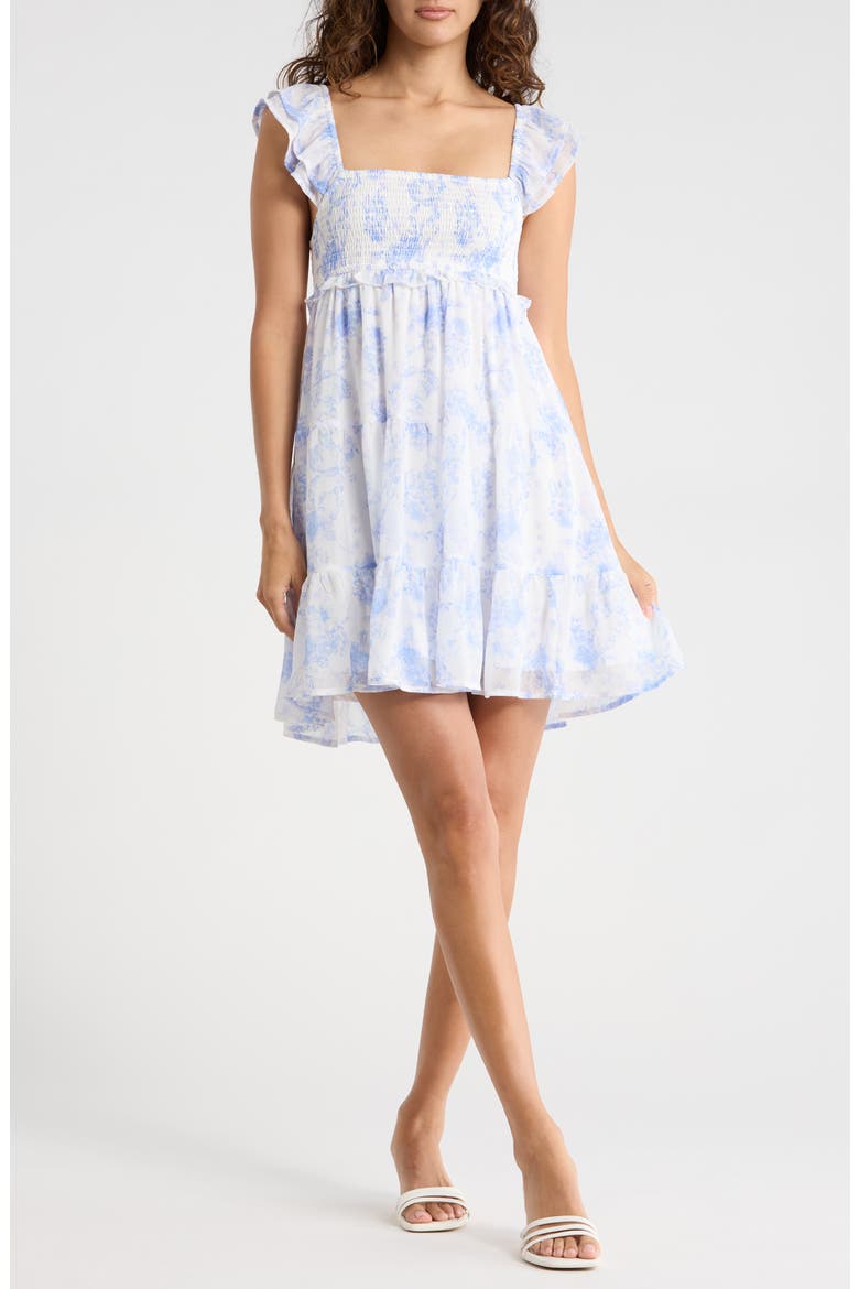 Ruffle Smocked Tiered Minidress, Main, color, CREAM BLUE