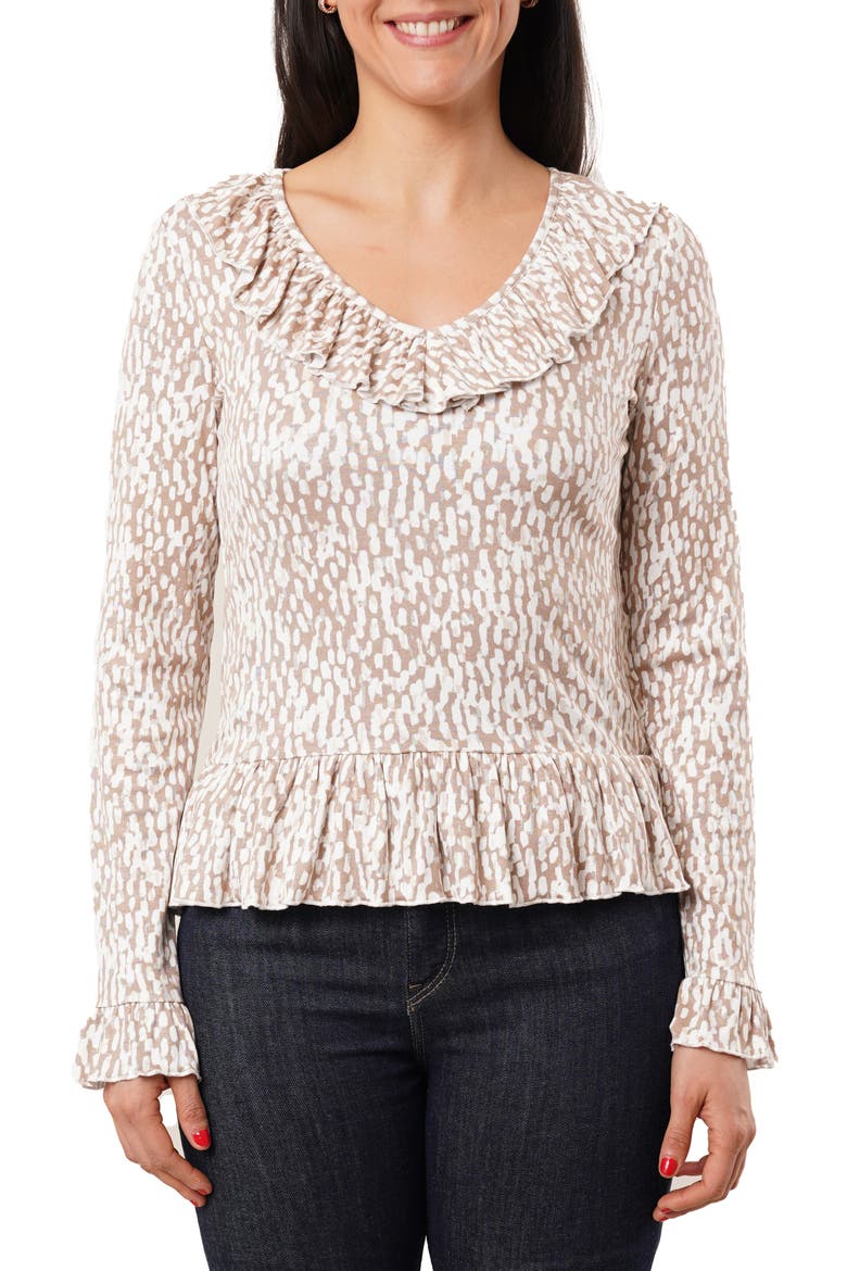 Ruffle V-Neck Long Sleeve Top, Main, color, KALI PRINT TAUPE