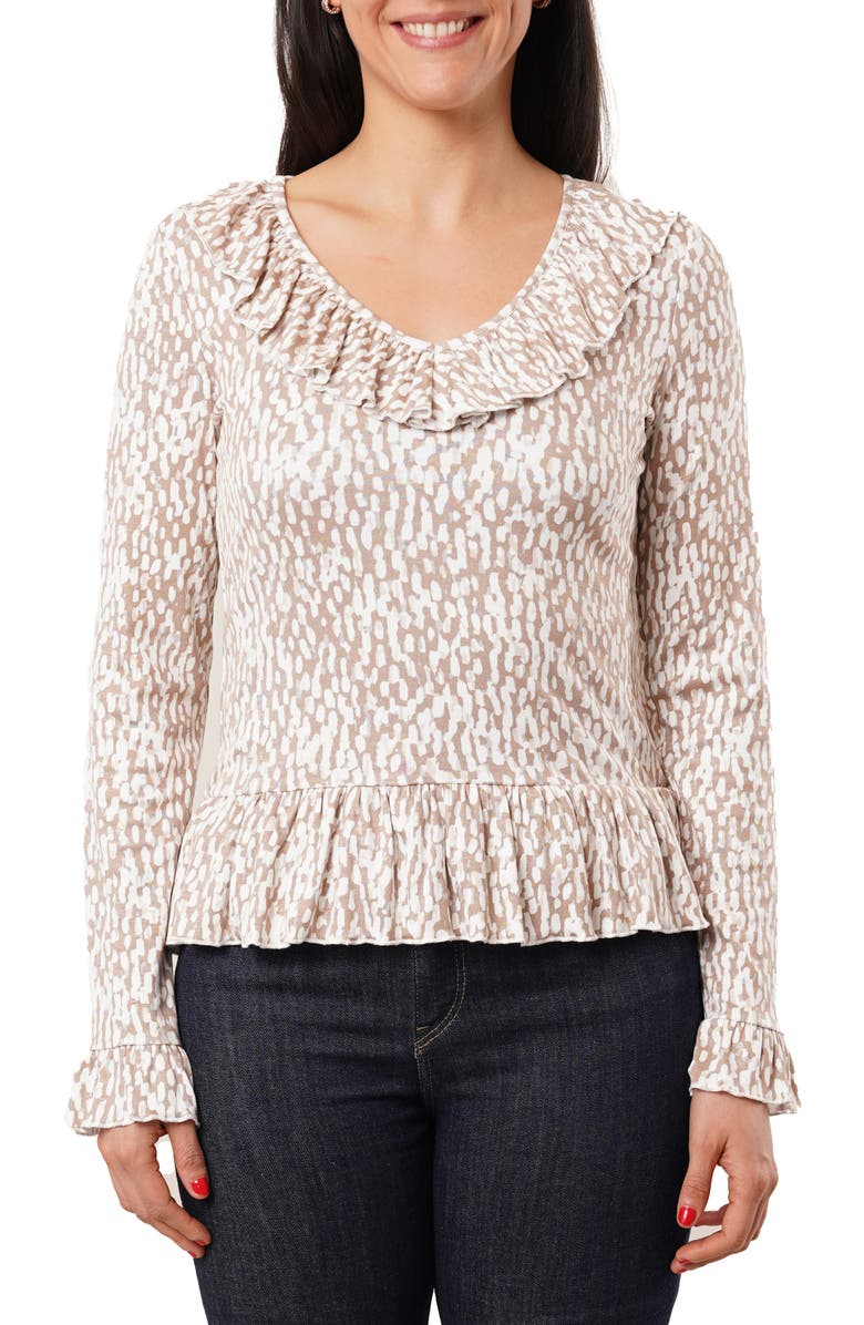 SUNNY LEIGH Ruffle V-Neck Long Sleeve Top, Main, color, Kali Print Taupe