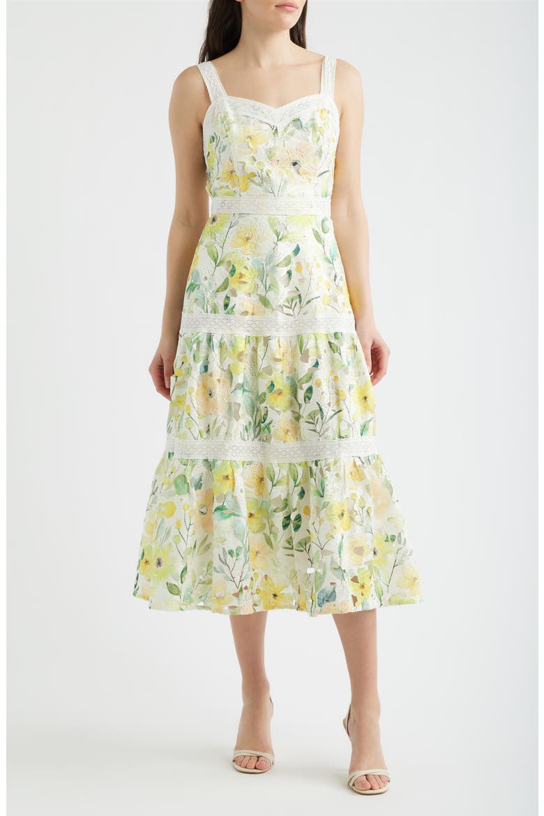 Print Lace Trim Sleeveless Midi Dress, Main, color, YELLOW MULTI