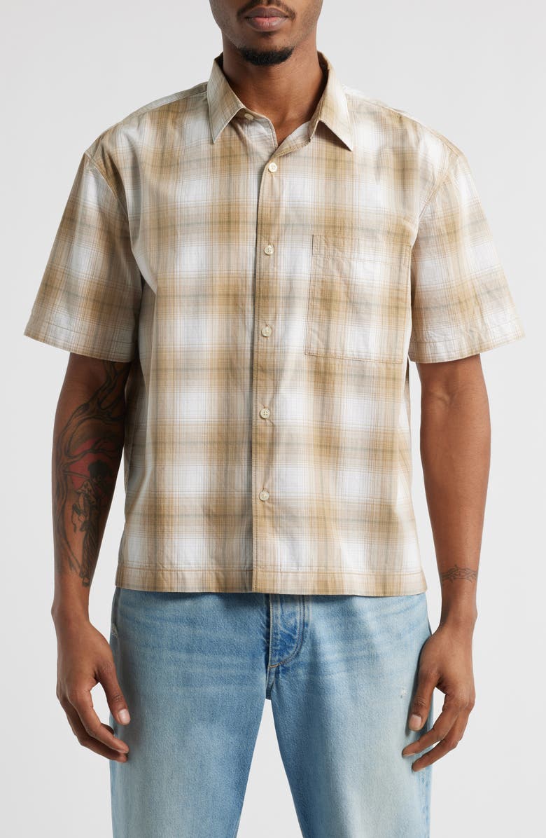 BP. Boxy Plaid Short Sleeve Button-Up Shirt, Main, color, Tan Cartouche Ombre Plaid