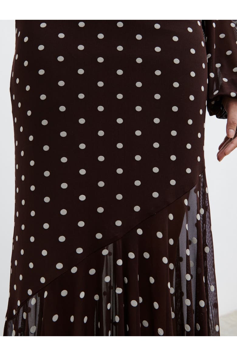 Petula Scarf Mesh Maxi Dress, Alternate, color, Brown And Cream Polkadot
