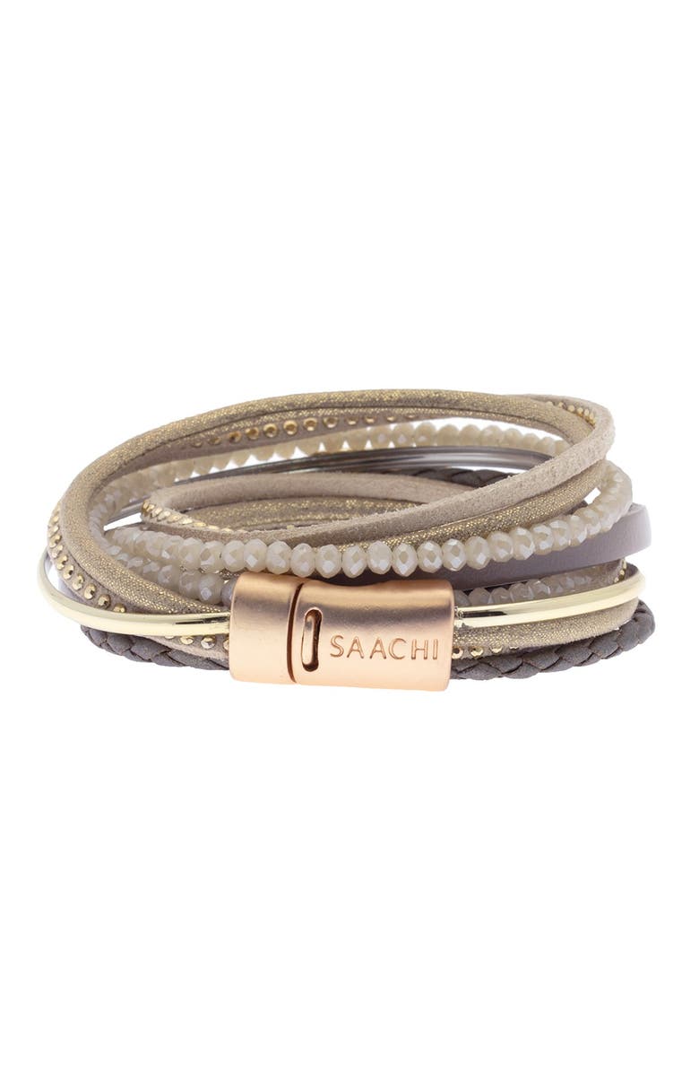 SAACHI Endless Dream Beaded Multistrand Leather Wrap Bracelet, Alternate, color, Taupe