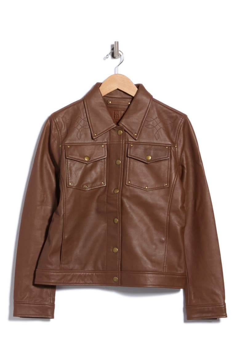 Trucker Leather Jacket, Main, color, BROWN