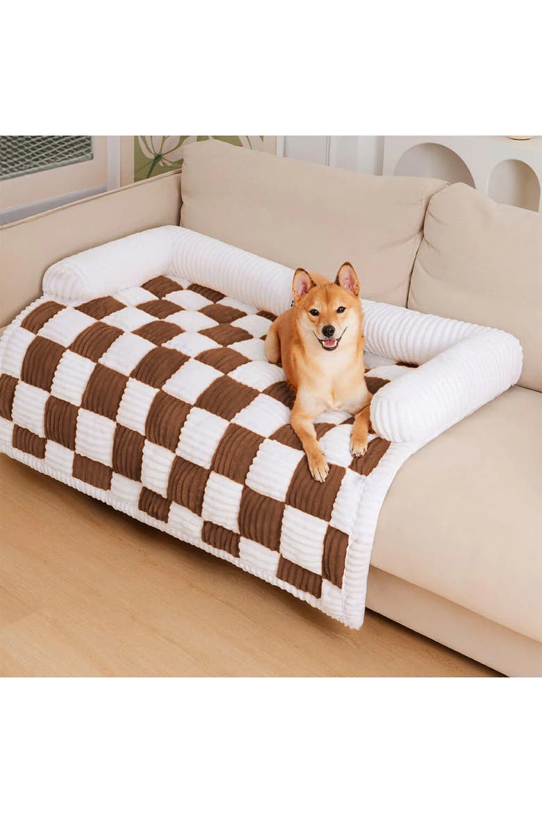 Cream Square Plaid Cozy Dog Mat Furniture Protector Cover, Alternate, color, Brown