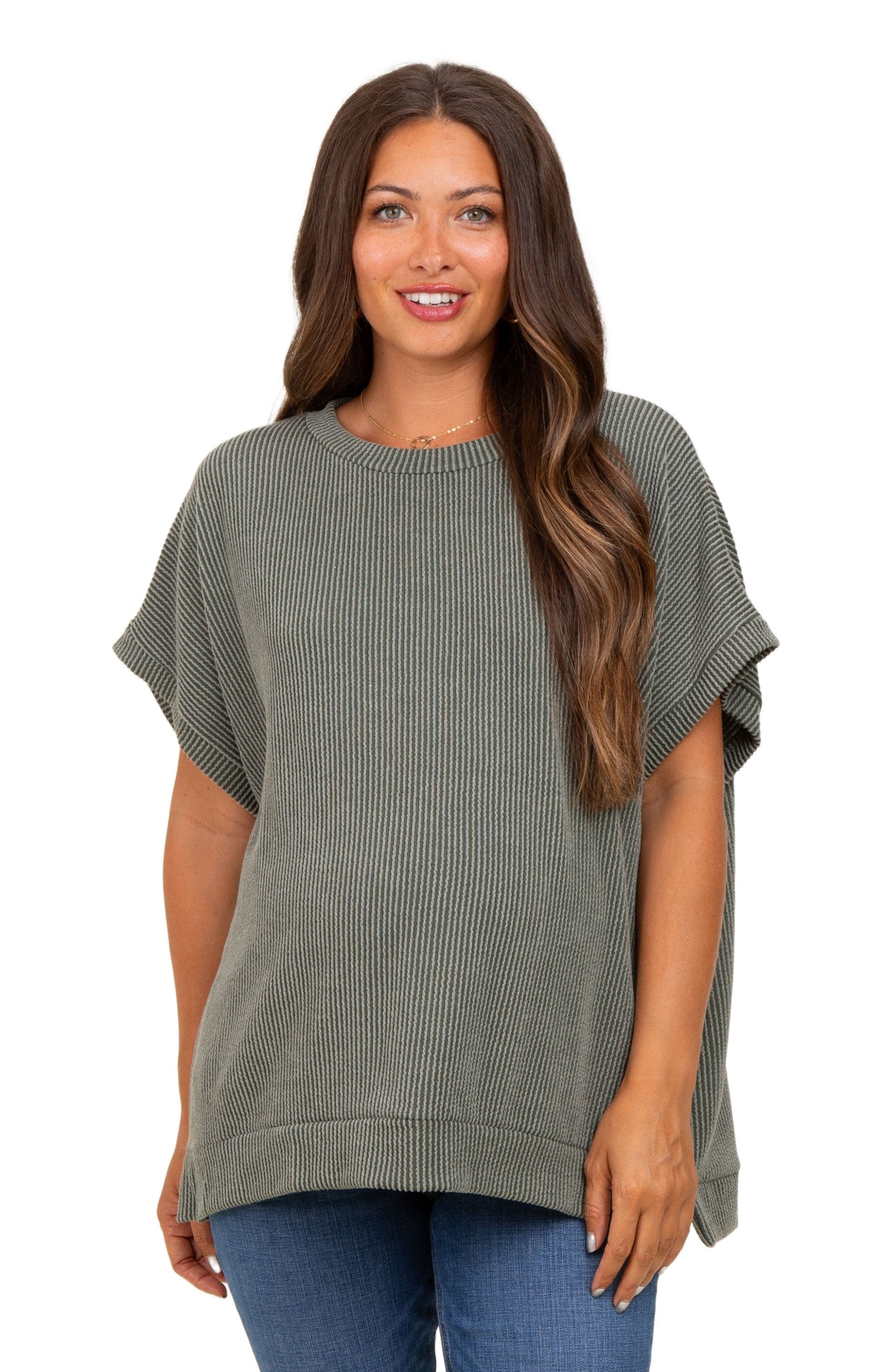 Solid Ribbed Short Sleeve Oversized Tunic Top - image 2