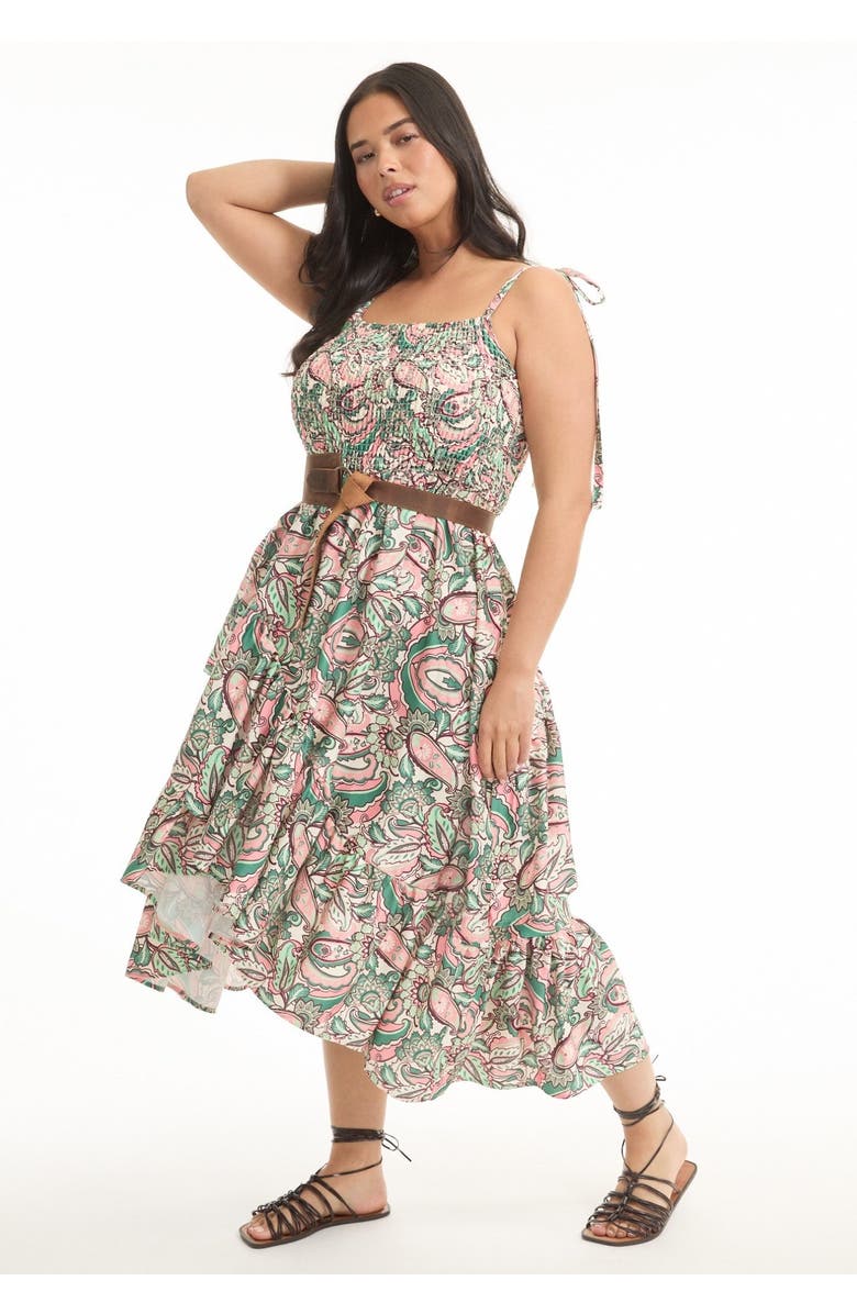 June + Vie Tiered Smocked Midi Dress, Alternate, color, Paisley Pink