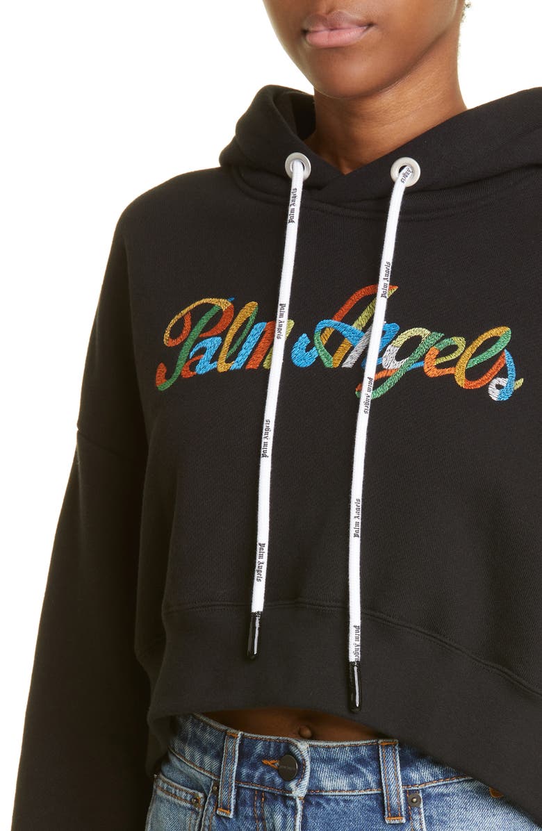 Palm Angels Embroidered Rainbow Crop Cotton Logo Hoodie, Alternate, color,