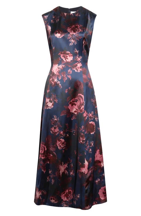 Floral Sleeveless Duchesse Satin Midi Dress