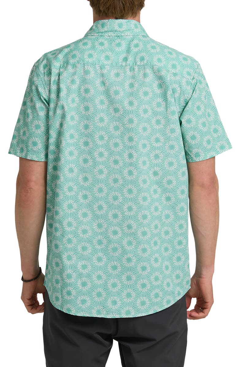 Quiksilver Ocean Mayhem Classic Sun Print Short Sleeve Cotton Button-Up Shirt, Alternate, color, Aqua
