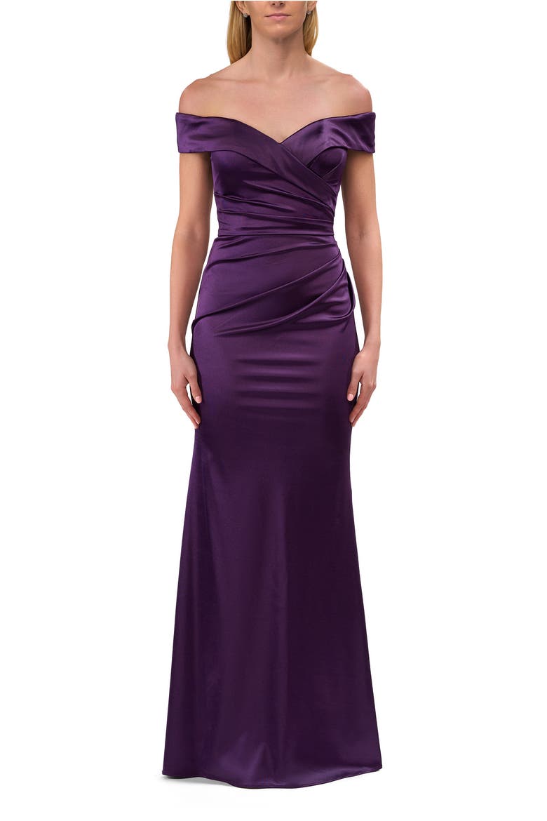 Off the Shoulder Stretch Satin Evening Dress, Main, color, Eggplant
