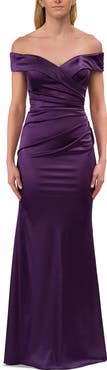 La Femme Off the Shoulder Stretch Satin Evening Dress