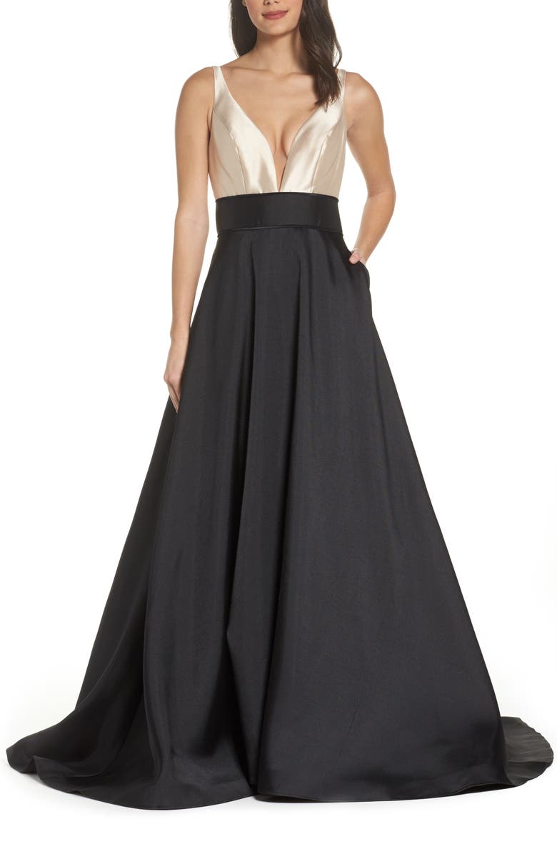 Ieena for Mac Duggal Plunge Neck Taffeta Ballgown, Main, color,