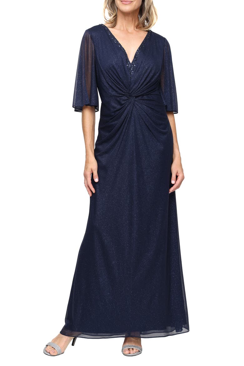 Center Twist Glitter Mesh Gown, Main, color, NAVY