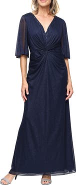 SL FASHIONS Center Twist Glitter Mesh Gown