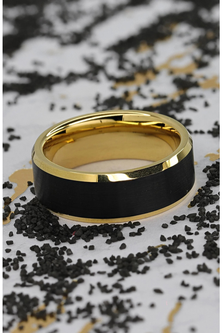 Gaston Tungsten Beveled Ring With Brushed Center, Alternate, color, Black / Gold 8mm