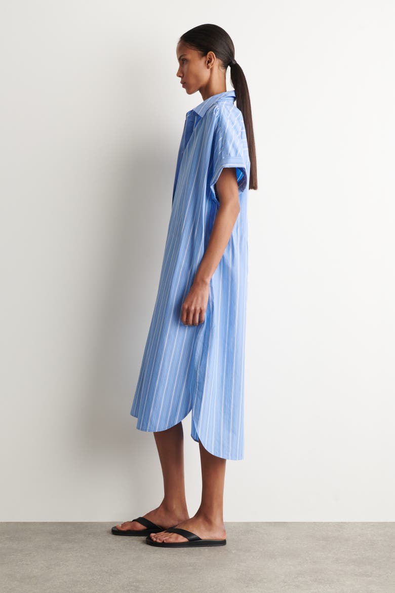 Striped Short-sleeved Cotton Shirt Dress, Alternate, color, BLUE / STRIPED