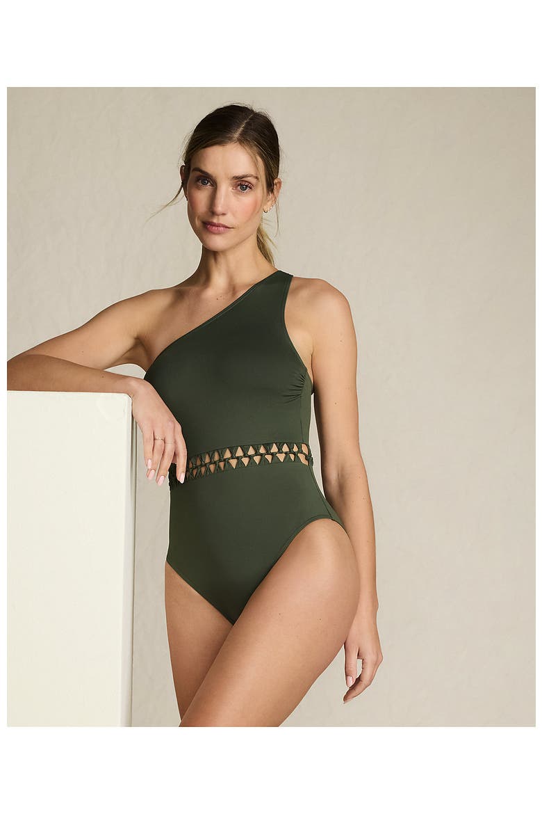 Macrame One Shoulder High Leg One Piece Swimsuit, Alternate, color, Rich Olive Green
