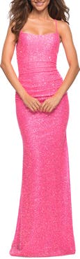La Femme Unique Soft Sequin Dress in Neon Pink