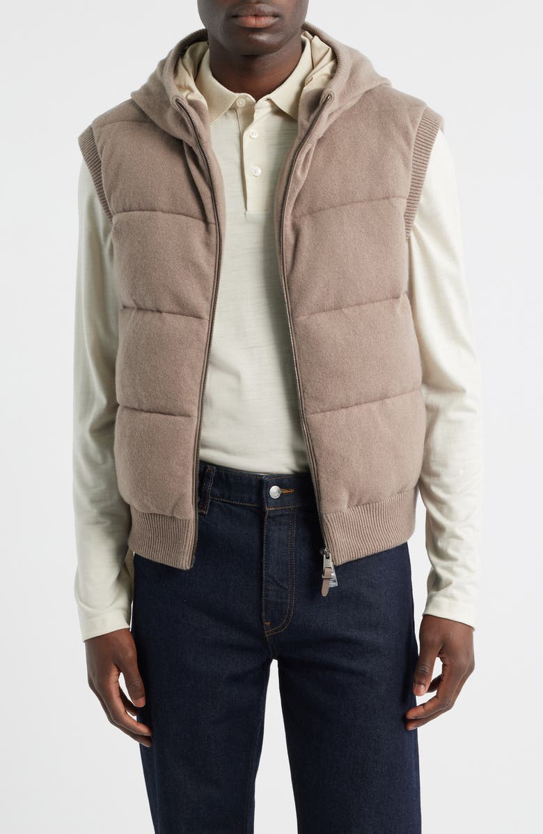 BOSS Henrico Quilted Cashmere Hooded Vest, Main, color, Open Beige