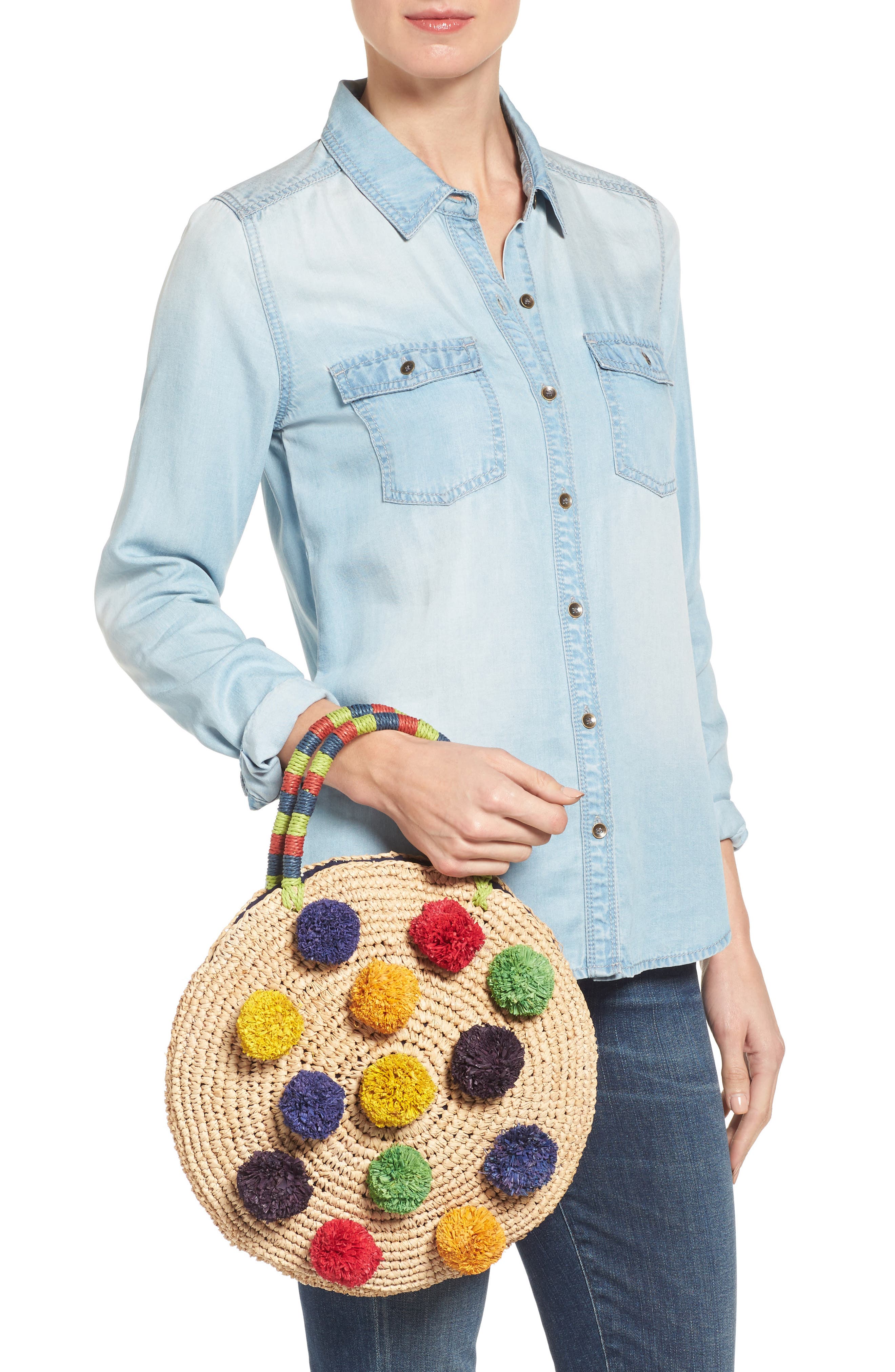 Nordstrom Multi Pom Circular Raffia Tote, Alternate, color, 