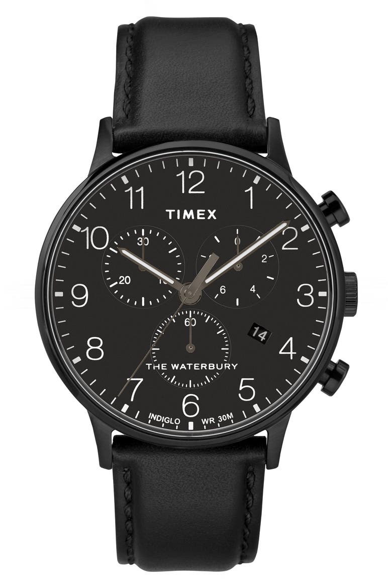 Waterbury Chronograph Leather Strap Watch, 40mm, Main, color, BLACK