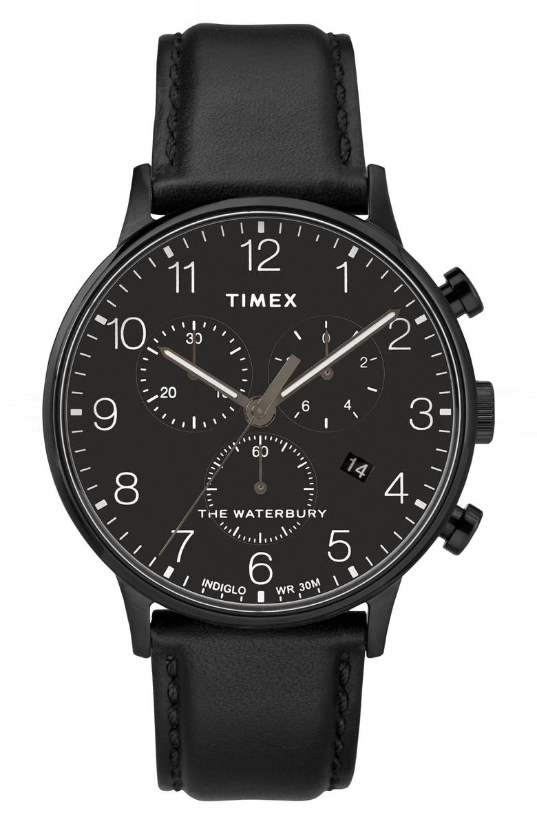 Timex<sup>®</sup> Waterbury Chronograph Leather Strap Watch, 40mm, Main, color, 