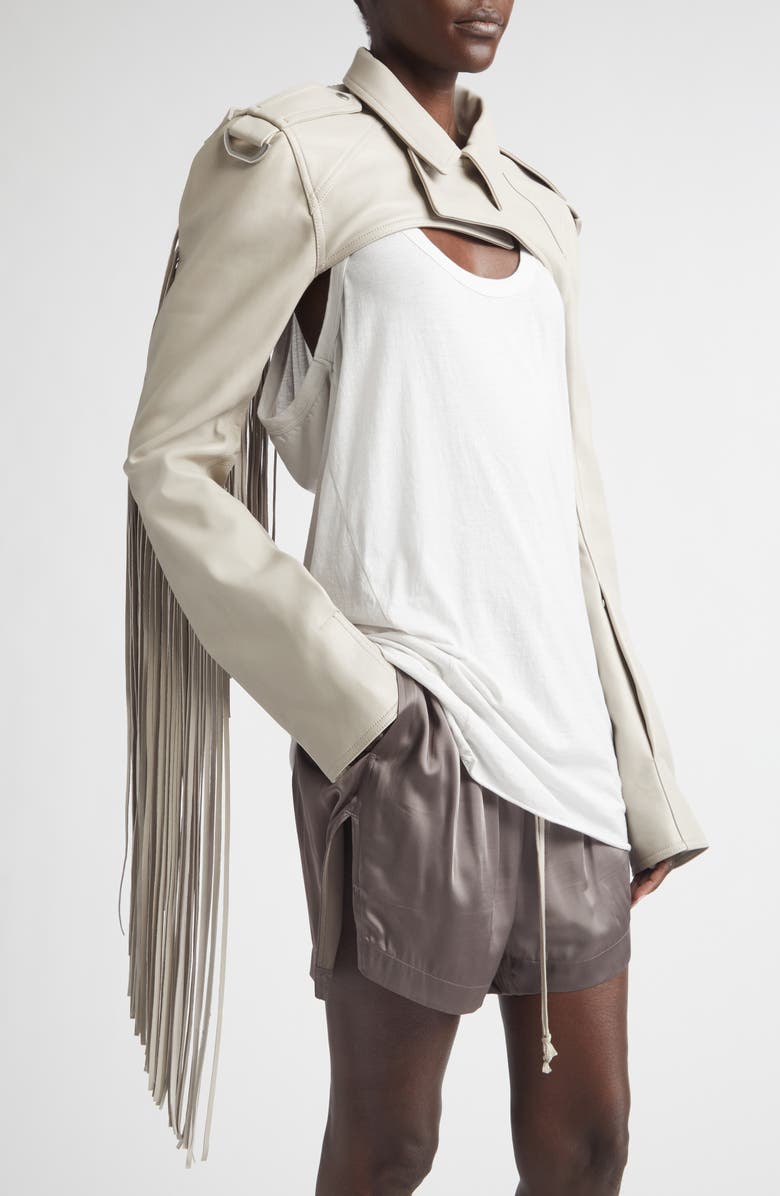 Rick Owens Fringe Leather Microbiker Jacket, Alternate, color, Pearl
