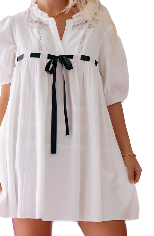 Modenaire Mini Babydoll Dress With Lace Collar, Puff Sleeves And Ribbon Bow Tie In White