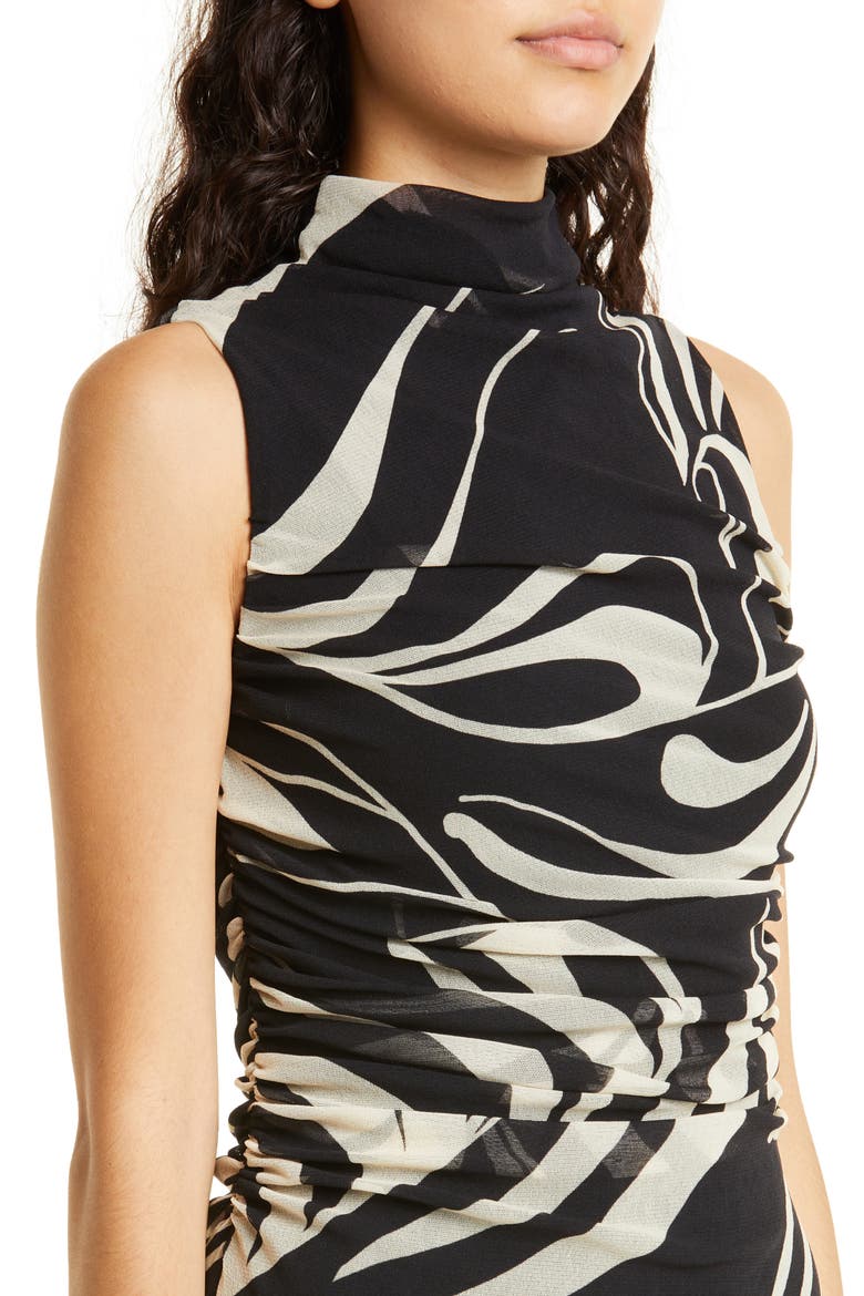 Swirl Print Ruched Mesh Sleeveless Dress, Alternate, color, NERO