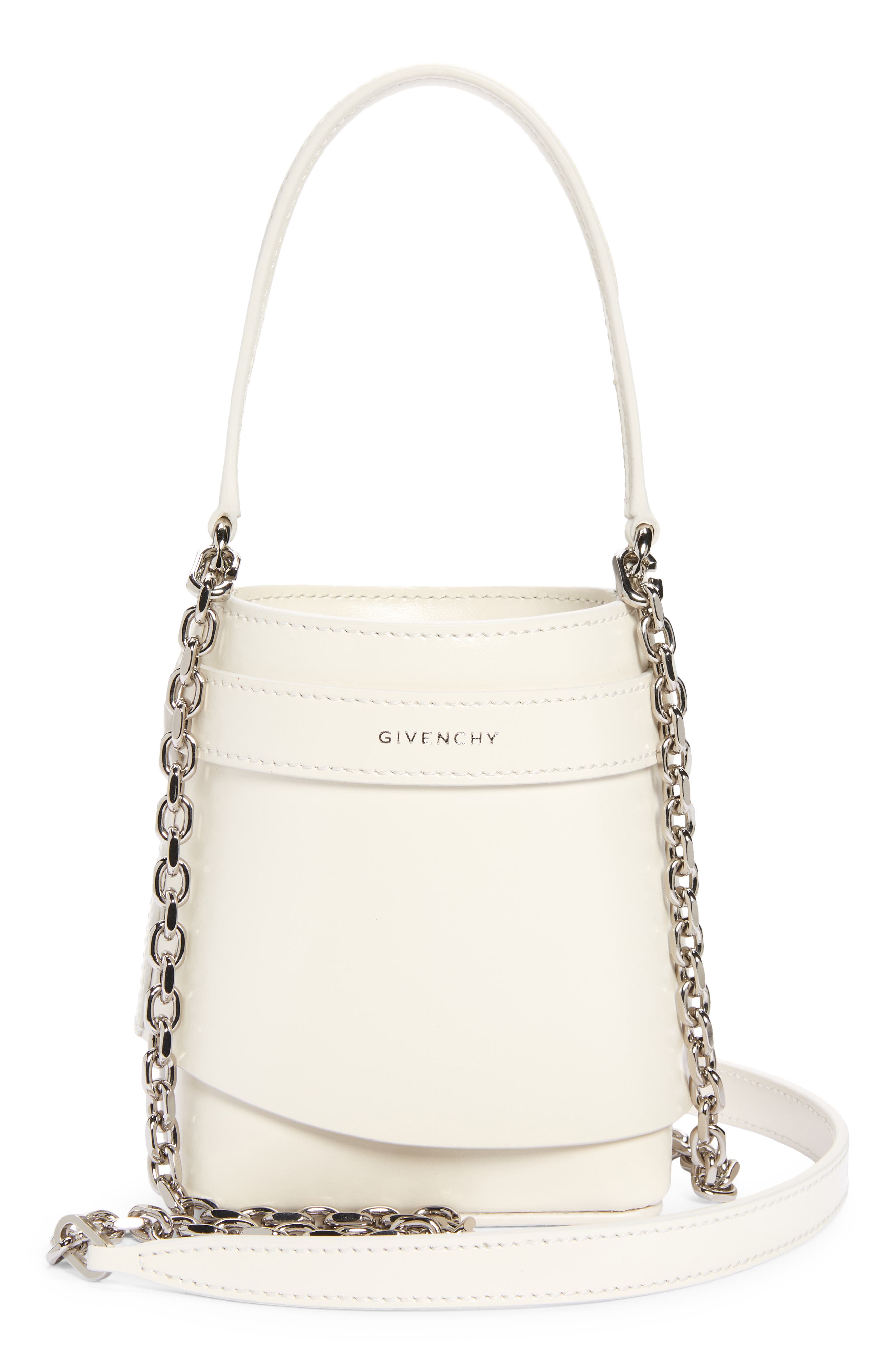 Micro Shark Lock Leather Bucket Bag, Alternate, color, IVORY