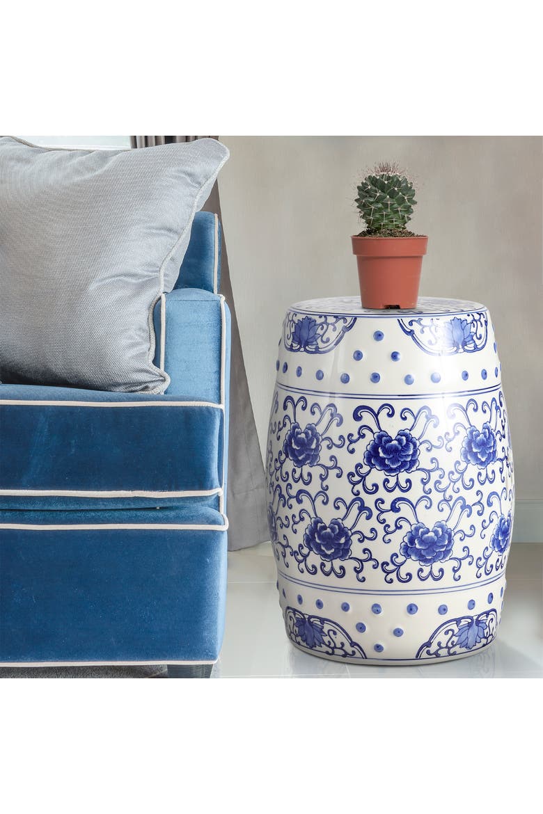 Lotus Flower Traditional Floral Chinoiserie Ceramic Drum Garden Stool, Pierced Indoor/Outdoor Patio Seat & Side Table, Alternate, color, Blue/White