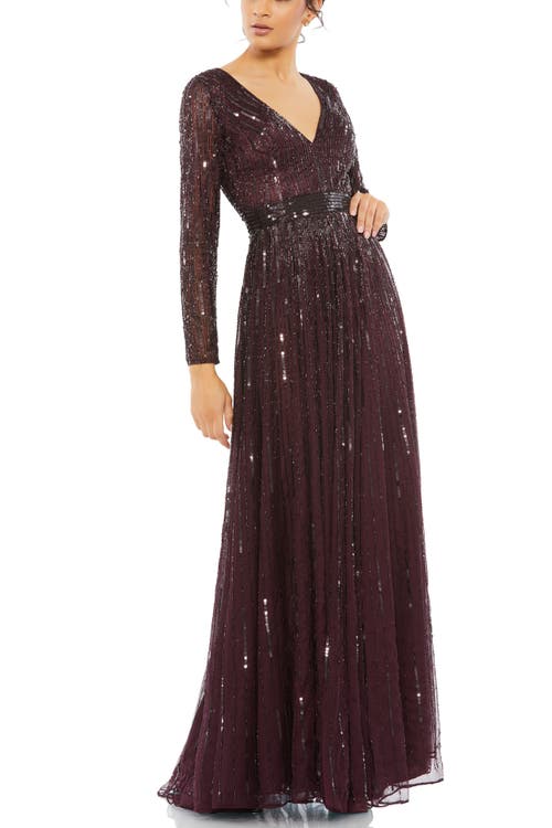 Mac Duggal Sequined Long Sleeve Plunging V-neck Gown In Mulberry