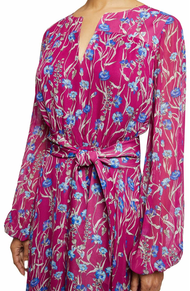 Santorelli AUBREE Long Sleeve Midi Dress in Floral Printed Georgette, Alternate, color, Dark Magenta