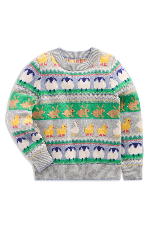 Mini Boden Kids' Animal Fair Isle Crewneck Sweater In Grey Marl Easter