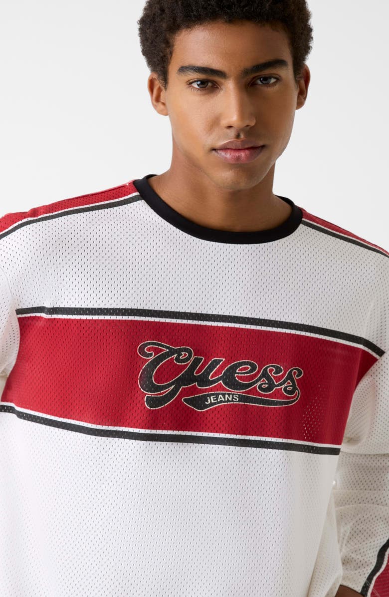 GUESS JEANS Boxy Fit Long Sleeve Logo Stripe Mesh T-Shirt, Alternate, color, White
