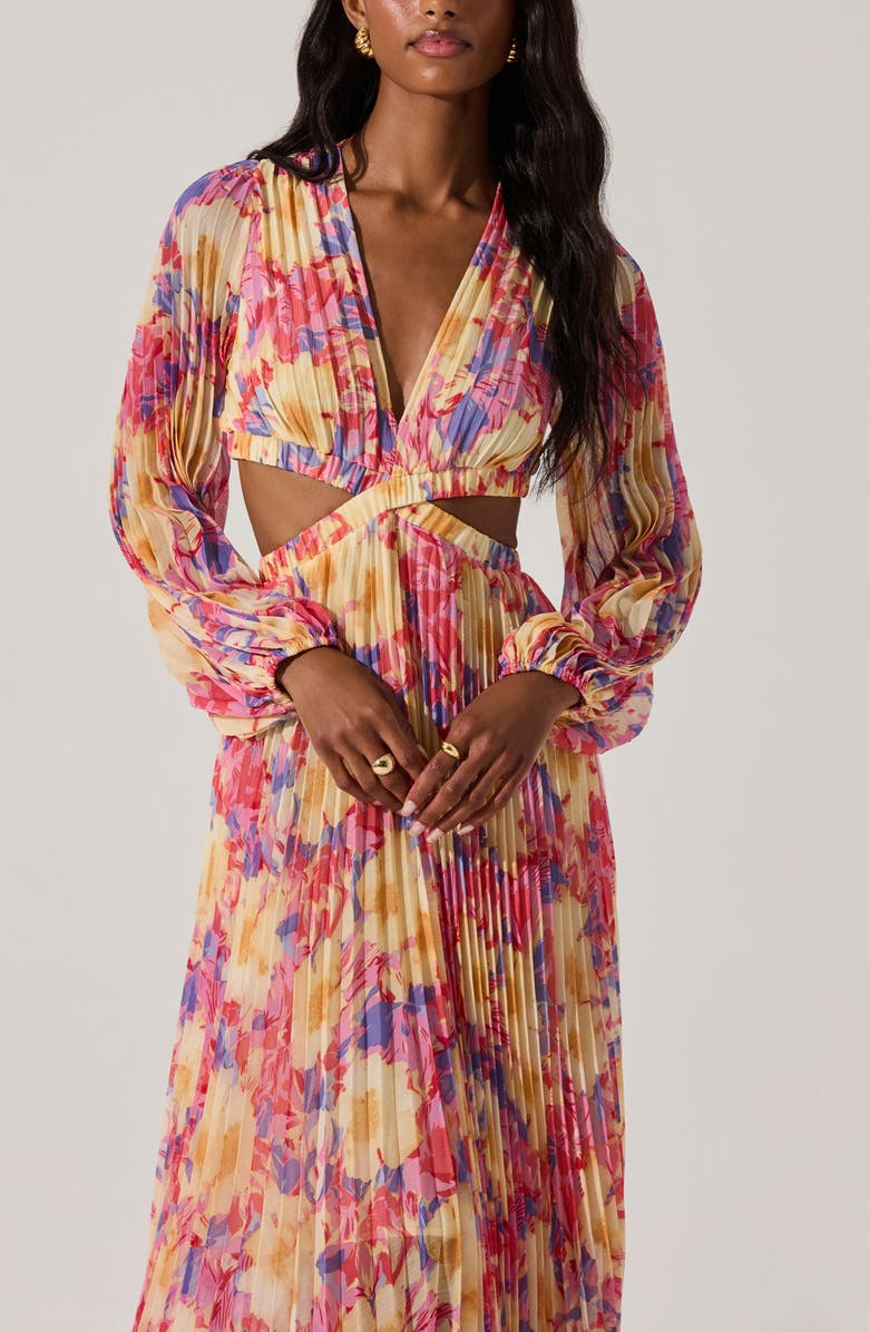 ASTR the Label Revery Floral Pleated Cutout Long Sleeve Maxi Dress, Alternate, color, Yellow Pink Floral