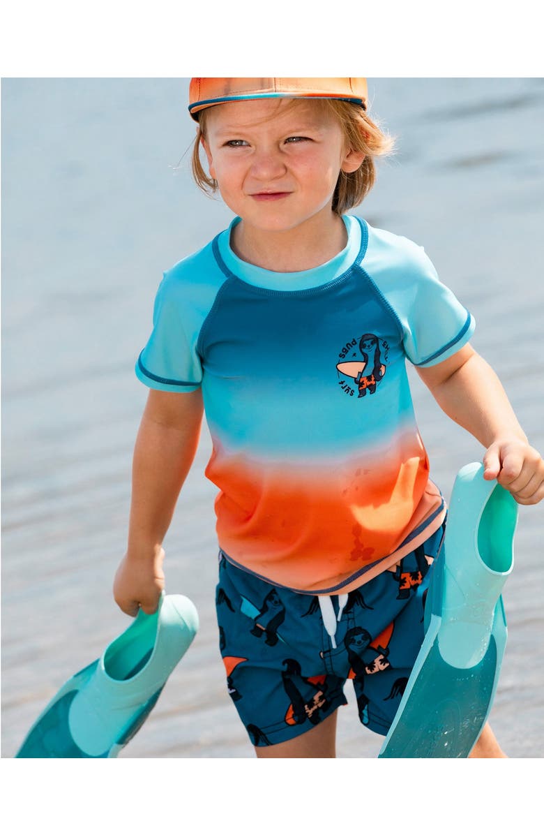 Deux par Deux Boy's Printed Swim Trunks Orange Sloths On Navy Blue, Alternate, color, 
