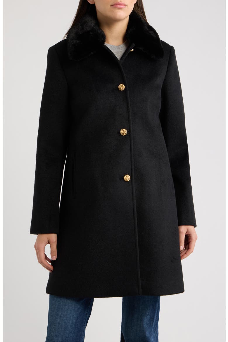 Faux Fur Collar Single Breasted Coat, Alternate, color, BLACK
