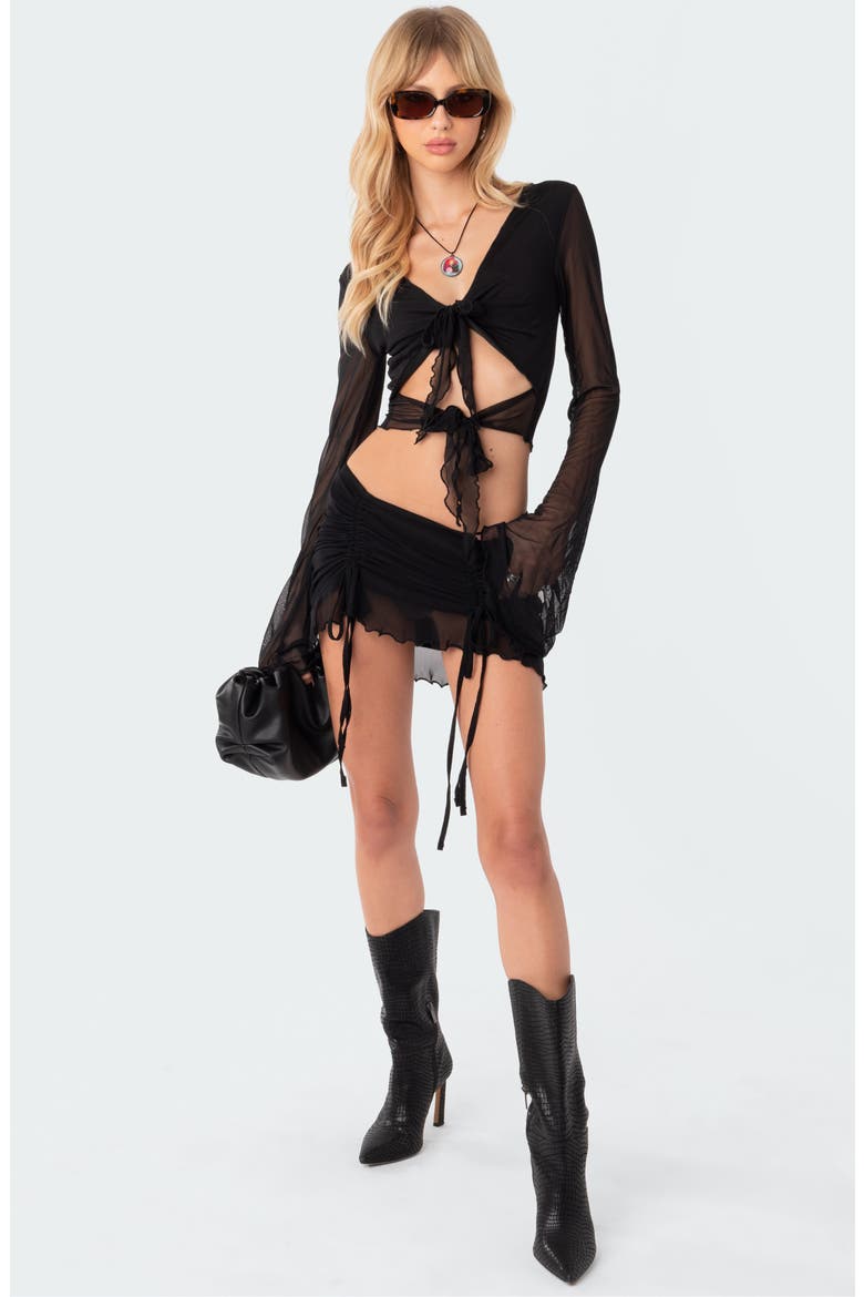 Indigo Tie Front Mesh Crop Top, Alternate, color, BLACK