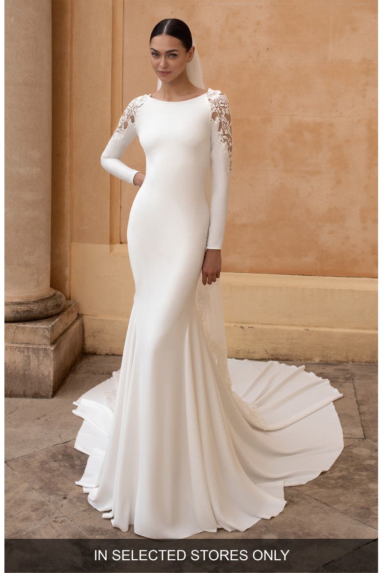 Frostia Lace Shoulder Long Sleeve Crepe Trumpet Wedding Dress, Main, color, OFF WHITE
