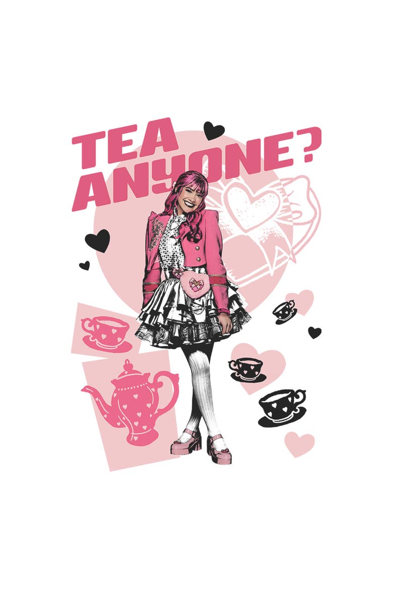 Junior's Descendants Wicked Wonderland Pink Tea Time  Graphic T-Shirt, Alternate, color, White