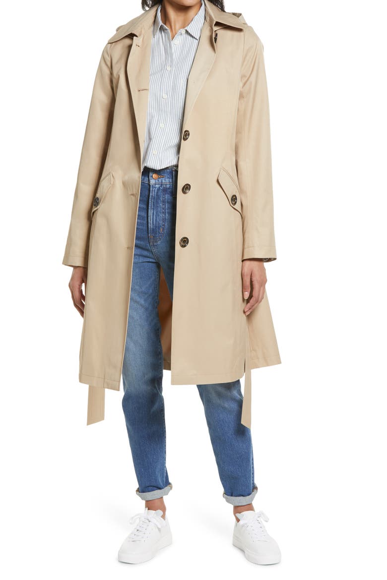 Water Repellent Belted Trench Coat with Removable Hood, Alternate, color, SAND
