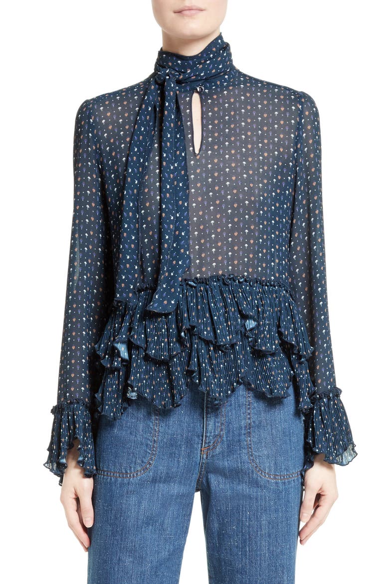 Tie Neck Ruffle Hem Blouse, Main, color, DARK NAVY