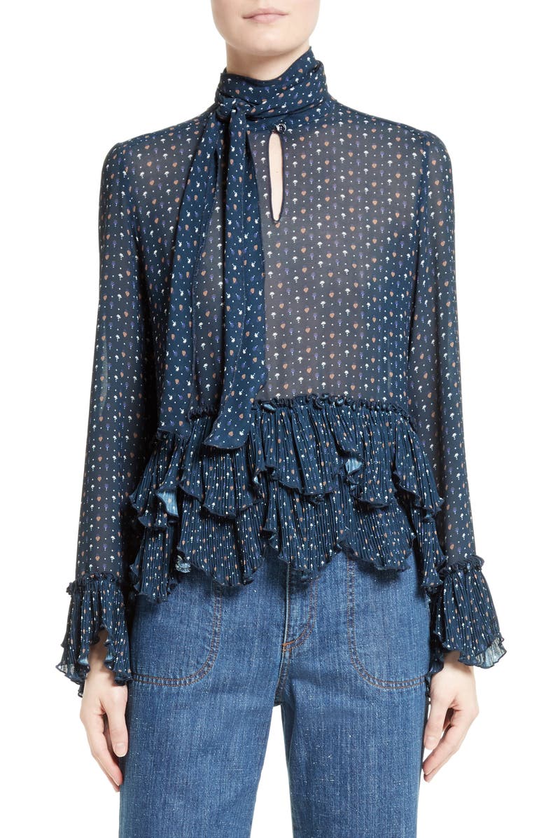 See by Chloé Tie Neck Ruffle Hem Blouse, Main, color,